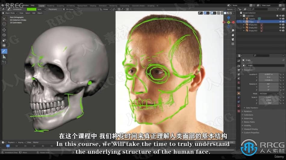 【中文字幕】Blender逼真肖像面部骨骼肌肉解剖学制作视频教程 3D 第4张